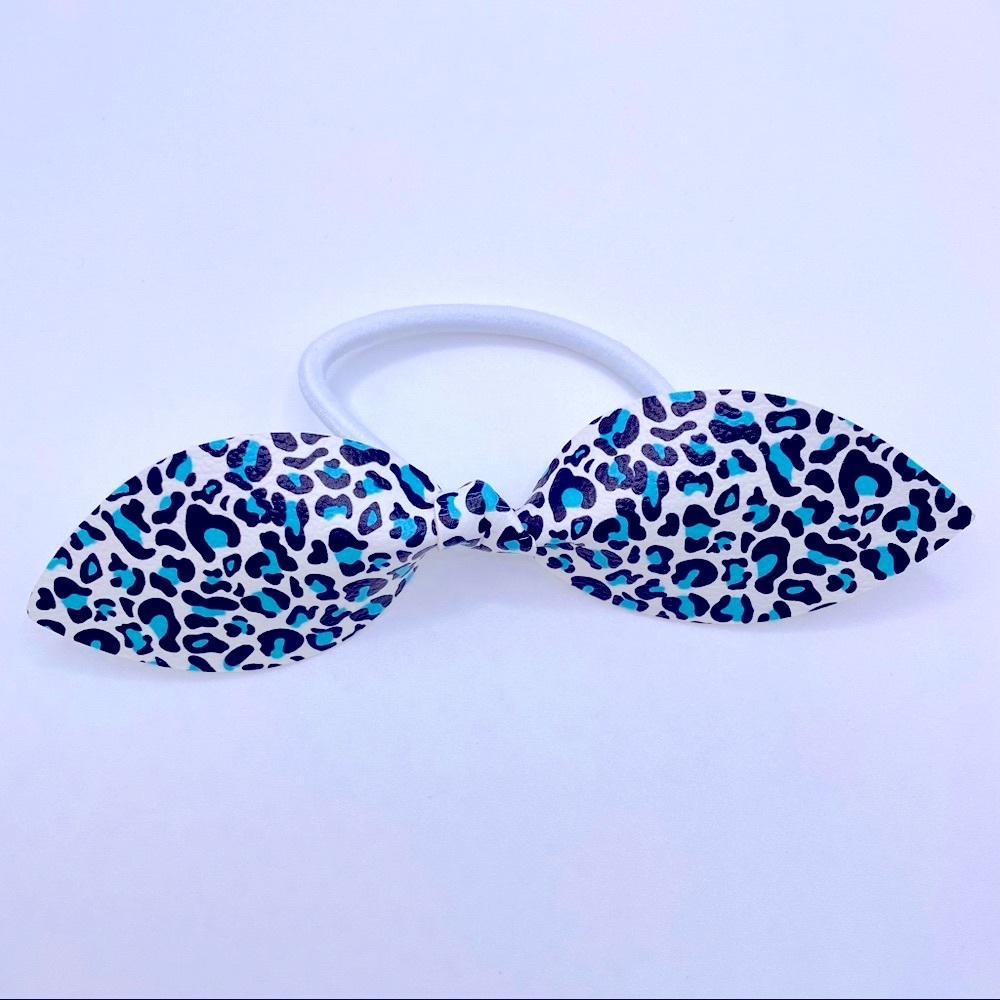 Teal leopard print hair tie bow, ponytail bow, vegan leather, handmade